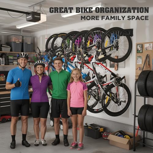 HORUSDY Stainless Steel Bike Storage Rack, 6 Bike Storage Hanger Wall Mount and 6 Helmets Hooks for Home & Garage Holds Up to 600lbs, Black - Image 4