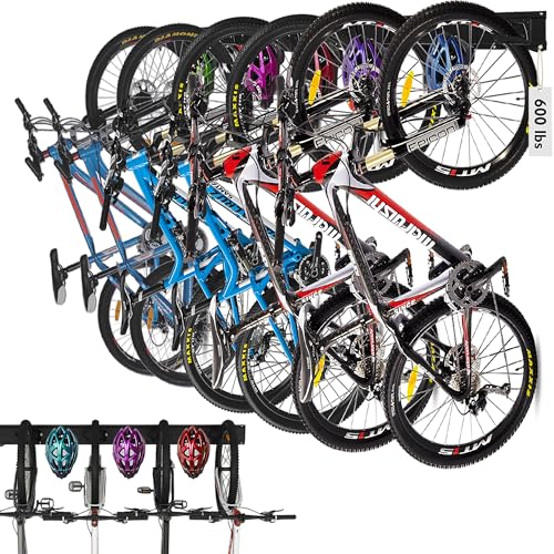 HORUSDY Stainless Steel Bike Storage Rack, 6 Bike Storage Hanger Wall Mount and 6 Helmets Hooks for Home & Garage Holds Up to 600lbs, Black - Image 1