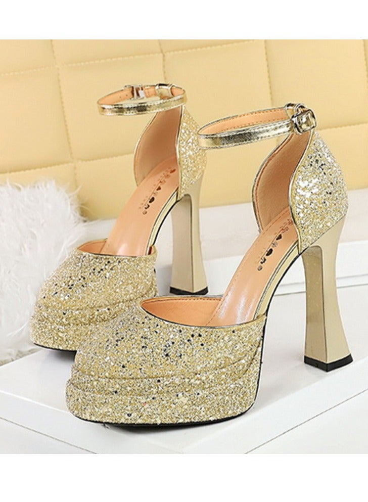 BIGTREE Womens Shiny Sequins Platform Chunky High Heels Round Closed Toe With Ankle Strap Pumps Gold 11.5CM - Image 1