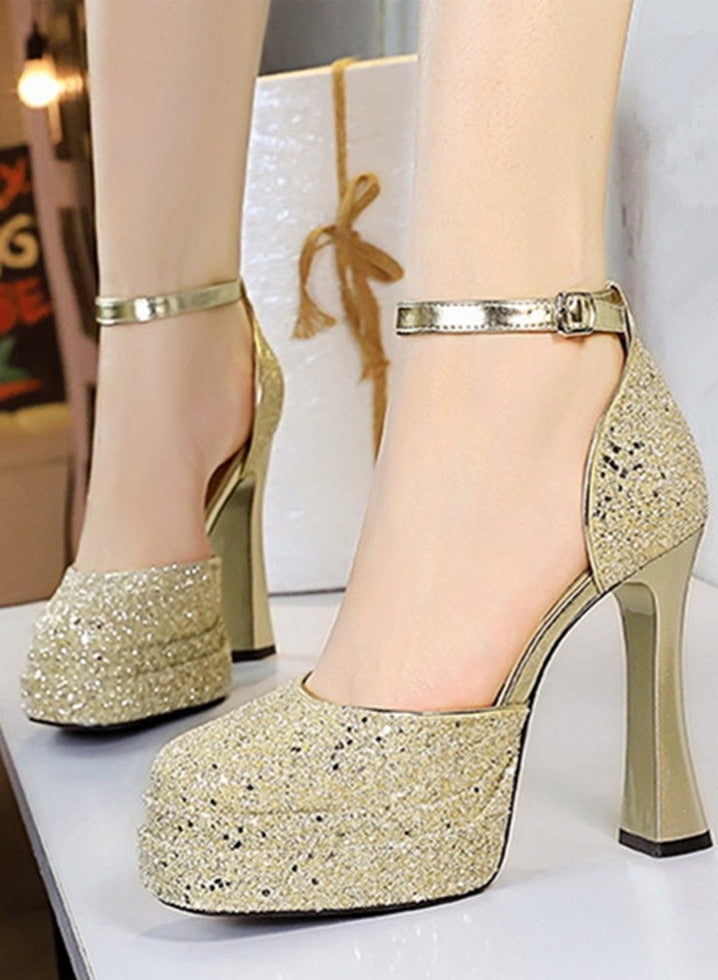 BIGTREE Womens Shiny Sequins Platform Chunky High Heels Round Closed Toe With Ankle Strap Pumps Gold 11.5CM - Image 3