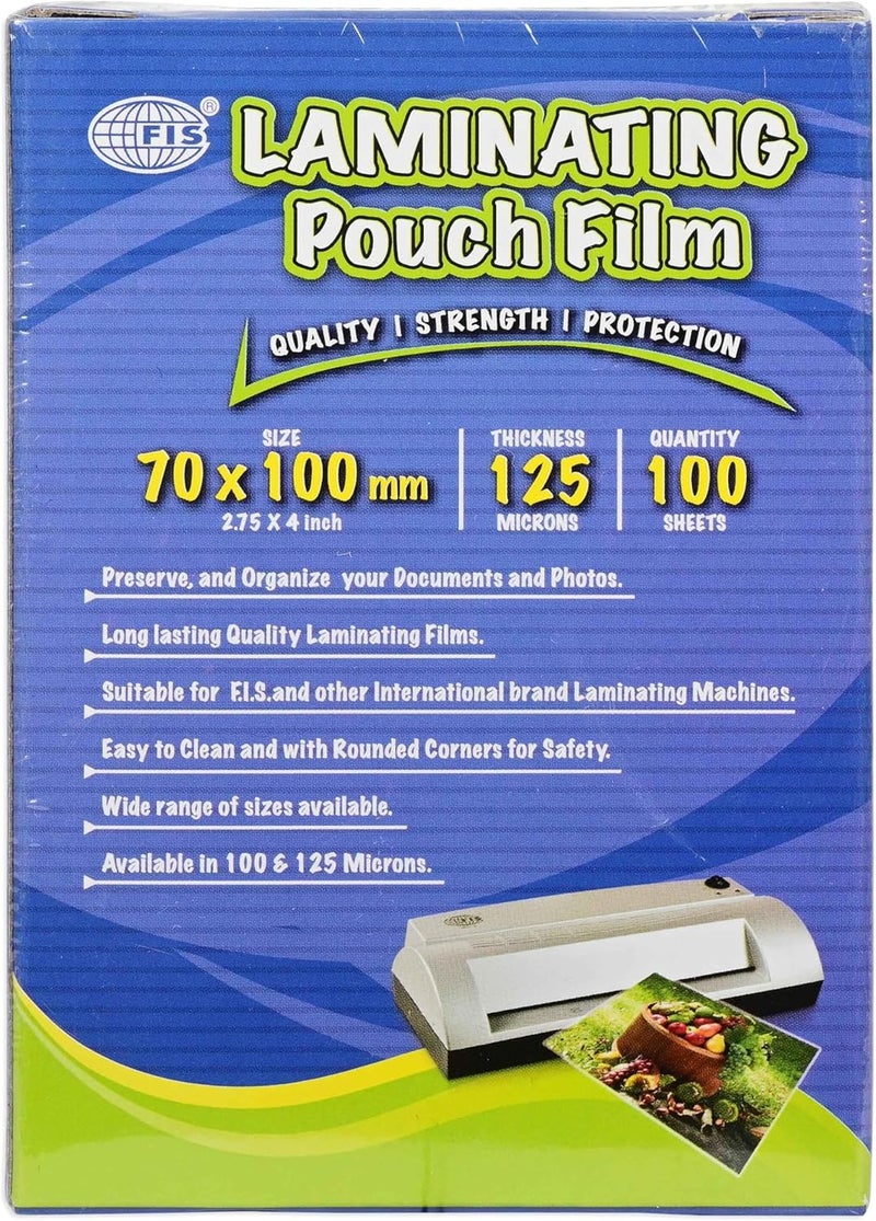 FIS Laminating Pouch Film, 70x100mm, 125 Micron Thickness, 100 Sheets, Rounded Corners - Image 1