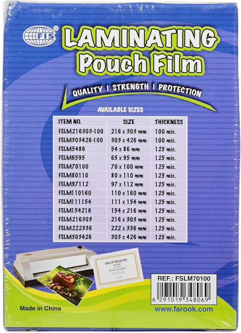 FIS Laminating Pouch Film, 70x100mm, 125 Micron Thickness, 100 Sheets, Rounded Corners - Image 2
