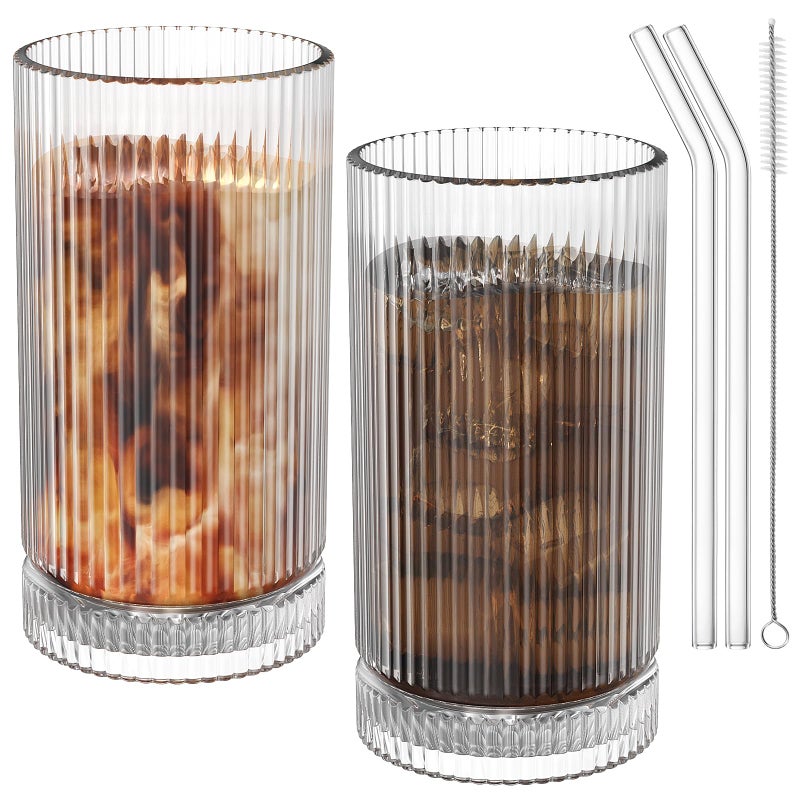 CWHHRN 15 Oz Glass Cups with Straws, Vintage Glassware for Whiskey Cocktail Beer, Iced Coffee Cups and Drinking Glassare (2 PACK - Image 1