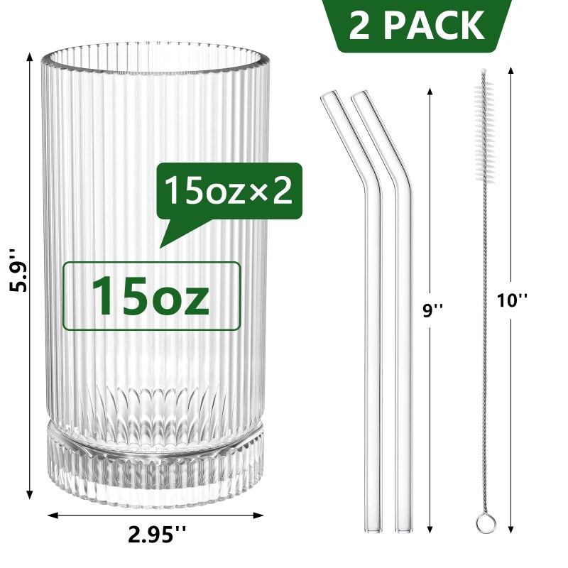 CWHHRN 15 Oz Glass Cups with Straws, Vintage Glassware for Whiskey Cocktail Beer, Iced Coffee Cups and Drinking Glassare (2 PACK - Image 2