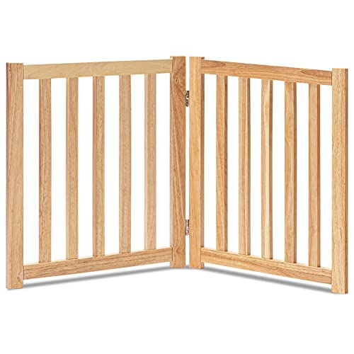 LZRS 2-Panel Wooden Free Standing Foldable Dog Gate Indoor – Solid Hardwood 24" High, Step-Over Safety Pet Gate for Doorways, Stairs & Small Spaces - Indoor Use, Natural - Image 1