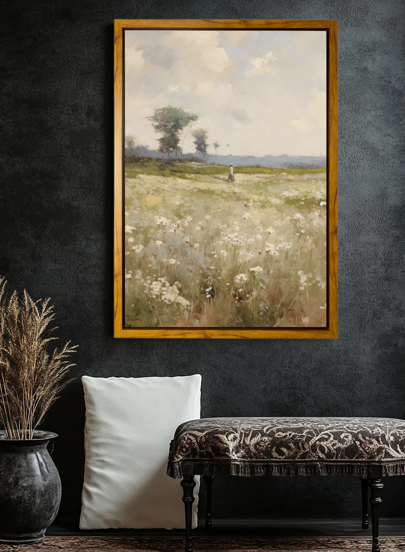 LOWHA Canvas Wall Art Stretched Over Wooden Frame with Wooden Color Floating Frame and Vintage Style Man Walking Through Green Spaces Painting
