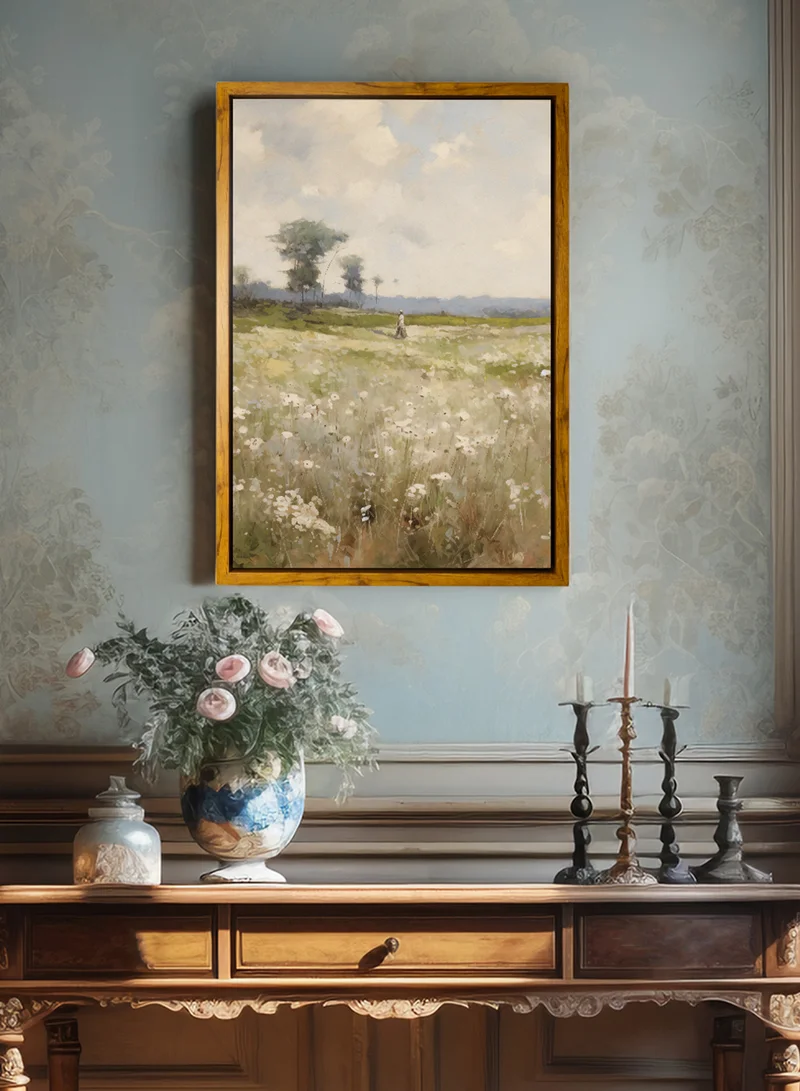 LOWHA Canvas Wall Art Stretched Over Wooden Frame with Wooden Color Floating Frame and Vintage Style Man Walking Through Green Spaces Painting