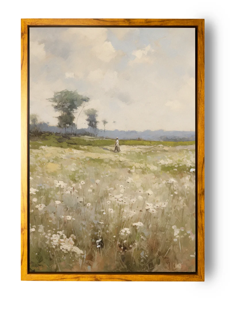 LOWHA Canvas Wall Art Stretched Over Wooden Frame with Wooden Color Floating Frame and Vintage Style Man Walking Through Green Spaces Painting