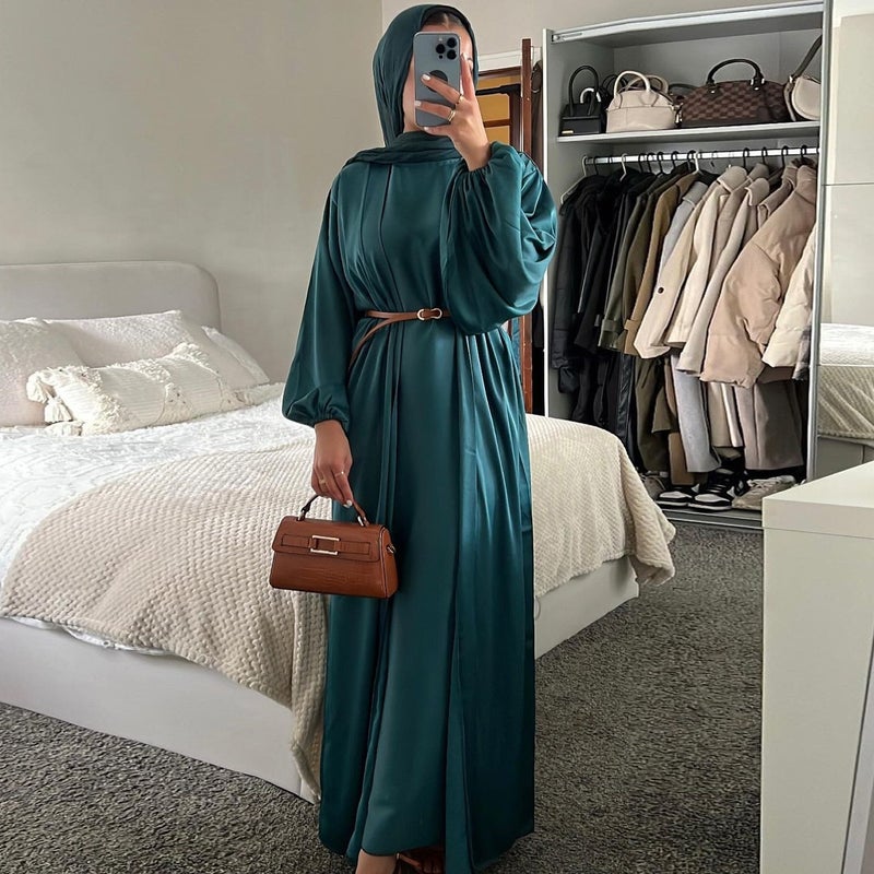 Deep Green Polyester Two-Piece Dress with Belt for Women - Image 1