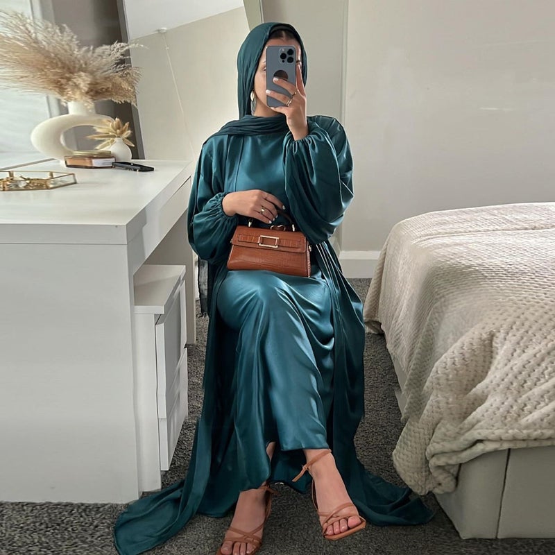 Deep Green Polyester Two-Piece Dress with Belt for Women - Image 2