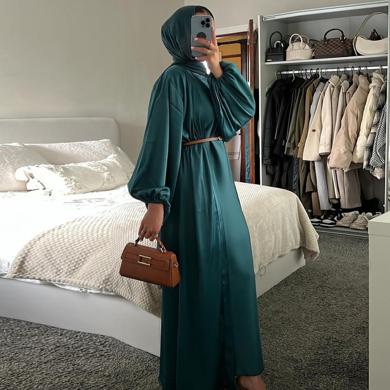 Deep Green Polyester Two-Piece Dress with Belt for Women - Image 4