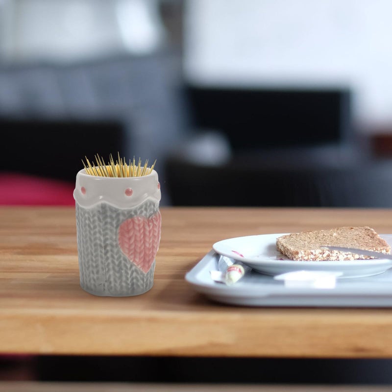Light Gray Ceramic Toothpick Holder With Heart Embossment For Home Dining Table - Image 5