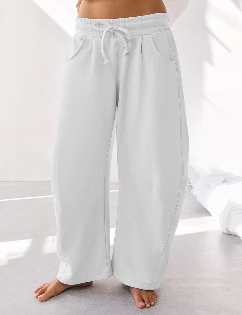 HeSaYep Women's Wide Leg Barrel Sweatpants Fleece Lined Baggy Sweat Pants Drawstring High Waisted Casual Pants Cotton Palazzo Trousers with Pockets White M - Image 3