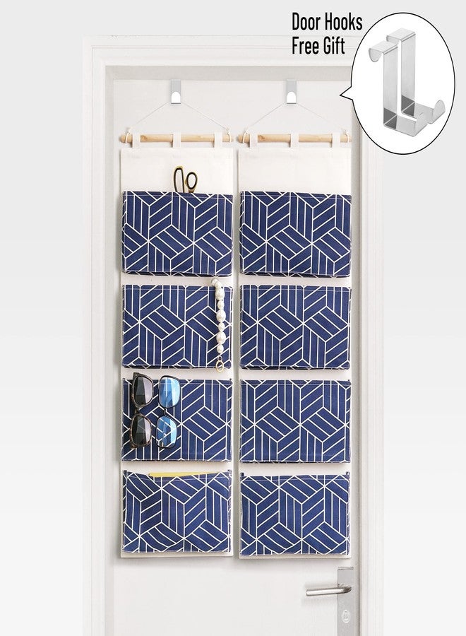 CROWNED 2Pcs Over Door Hanging Storage Bags Wall Mount Closet Organizer, 4 Big Pockets Linen Cotton Fabric Multi Functional Living Room Bedroom Bathroom File Magazine Waterproof Free Hooks Navy - Image 2