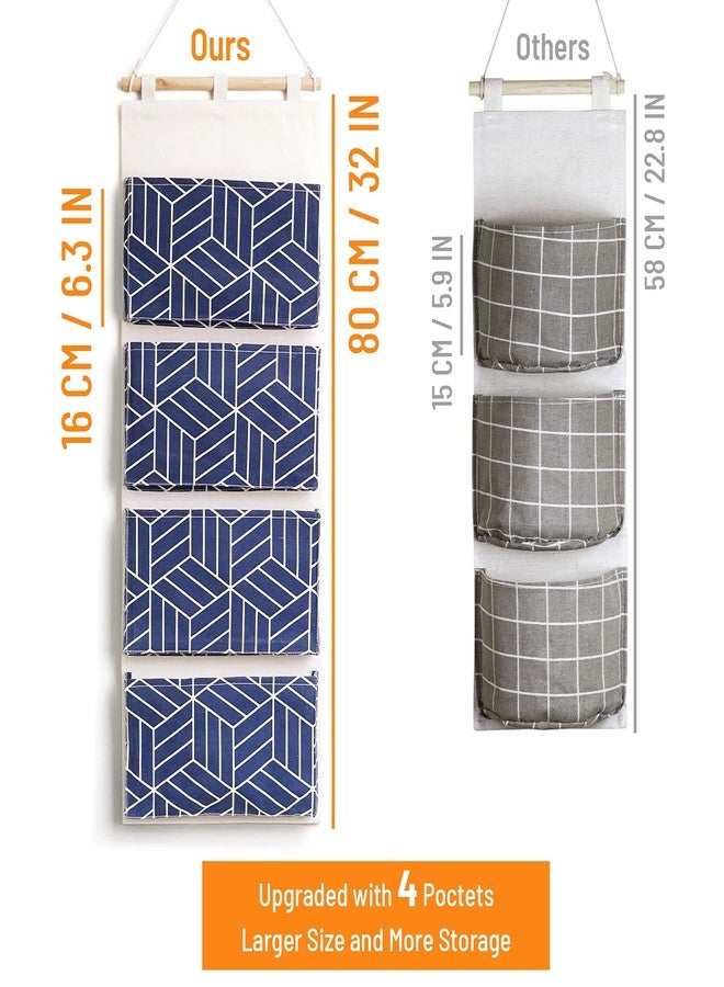 CROWNED 2Pcs Over Door Hanging Storage Bags Wall Mount Closet Organizer, 4 Big Pockets Linen Cotton Fabric Multi Functional Living Room Bedroom Bathroom File Magazine Waterproof Free Hooks Navy - Image 4