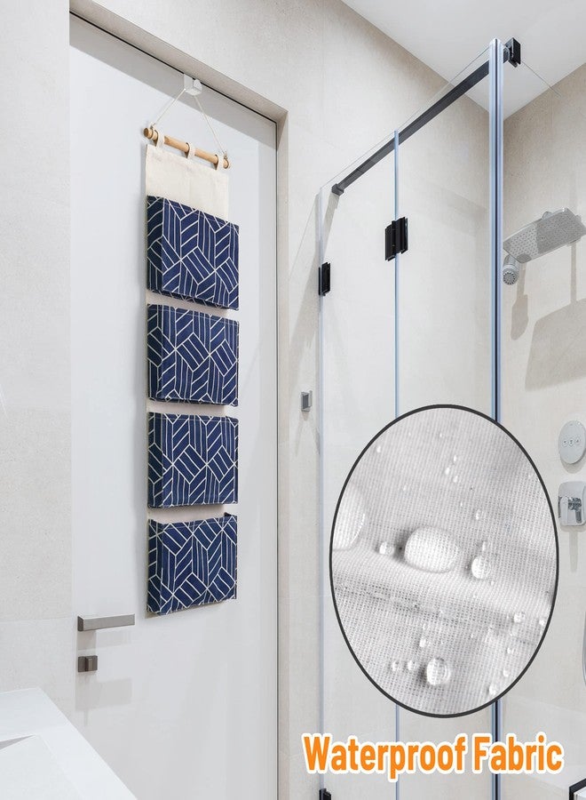 CROWNED 2Pcs Over Door Hanging Storage Bags Wall Mount Closet Organizer, 4 Big Pockets Linen Cotton Fabric Multi Functional Living Room Bedroom Bathroom File Magazine Waterproof Free Hooks Navy - Image 3