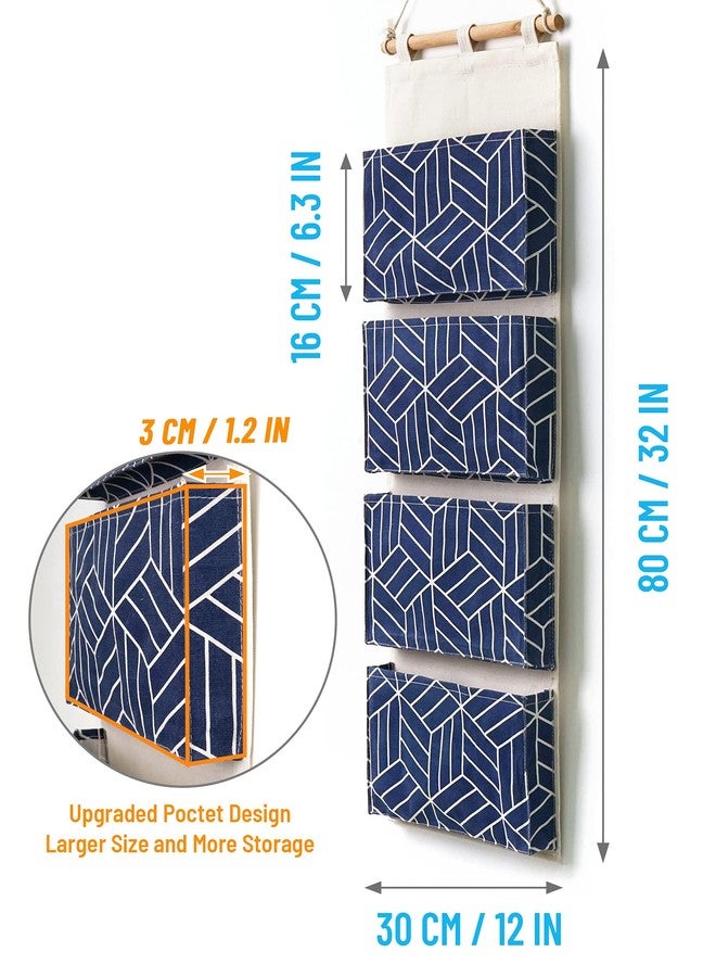 CROWNED 2Pcs Over Door Hanging Storage Bags Wall Mount Closet Organizer, 4 Big Pockets Linen Cotton Fabric Multi Functional Living Room Bedroom Bathroom File Magazine Waterproof Free Hooks Navy - Image 5