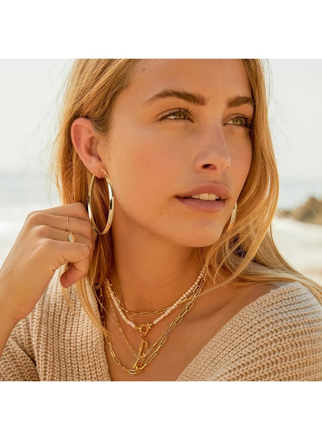 EXGOX 5mm Wide Gold Hoop Earrings for Women,Sterling Silver Hoop Earrings Large Silver Hoop Earrings Hypoallergenic Lightweight 14K Real Gold Plated Big Hoop Earrings for Women - Image 2