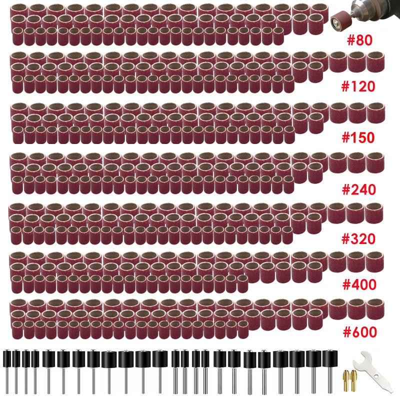 Sunxeke 531 Pcs Sanding Drum Set  504 Pcs 80 120 150 240 320 400 600 Grit Drum Sander Sleeves And 24 Pcs Drum Mandrels 2 Pcs Self-Tightening Drill Chuck And Combination Wrench For Rotary Tool - Image 1