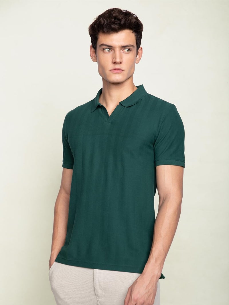 DAMENSCH Statement Textured Polo T-Shirts | Premium Cotton, Herringbone Texture, Johnny Collar-Pack of 1-Garage Green-XXL - Image 5