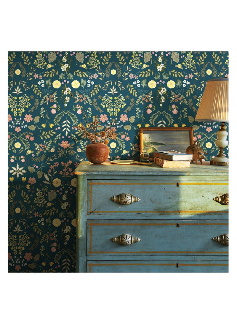 KASTWAVE Floral Peel and Stick Wallpaper Dark Blue Vintage Wallpaper Wildflower Wall Paper Self Adhesive Contact Paper Boho Removable Wallpaper for Cabinet Bedroom Decor(44*30cm)  - Image 2