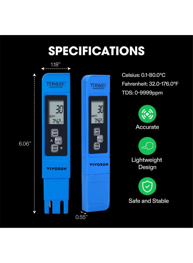 VIVOSUN TDS Tester 3-in-1 TDS EC & Temperature Meter Ultrahigh Accuracy Digital Water Quality TDS Tester (Blue) - Image 3