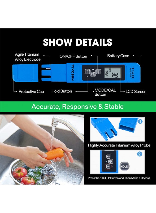 VIVOSUN TDS Tester 3-in-1 TDS EC & Temperature Meter Ultrahigh Accuracy Digital Water Quality TDS Tester (Blue) - Image 5