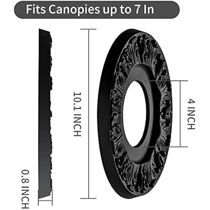 2 PCS VINTAGE CARVED FLOWER PU CEILING MEDALLION FOR LIGHT FIXTURES AND CEILING FANS 10-1/8"OD X 4"ID X 0.8 "P (BLACK) - Image 3