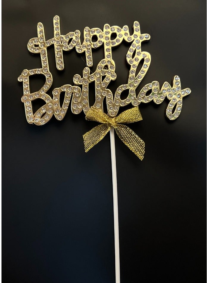 بارتي فن غلاف كعكة عيد ميلاد سعيد فاخر مرصع بأحجار ذهبية مثالية للديكور