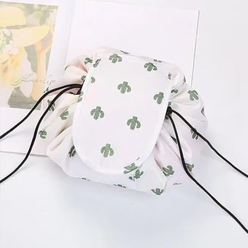Nirvik Women’s Portable Waterproof Cosmetic Bag | Lazy Travel Makeup Organizer with Drawstring, Compact & Versatile Toiletry Bag with Multi-Pocket Storage (White Cactus Bag) - Image 2