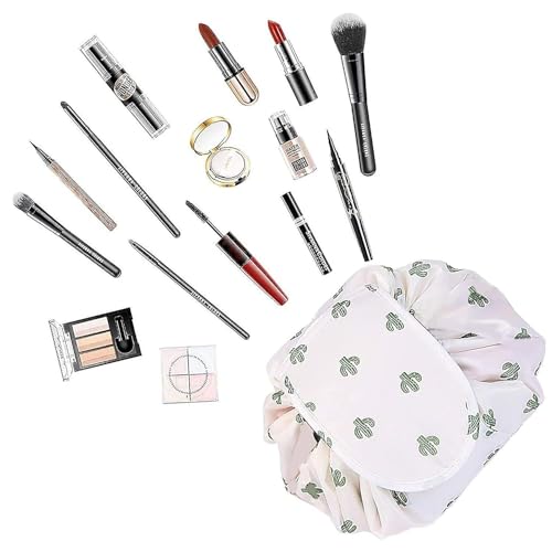 Nirvik Women’s Portable Waterproof Cosmetic Bag | Lazy Travel Makeup Organizer with Drawstring, Compact & Versatile Toiletry Bag with Multi-Pocket Storage (White Cactus Bag) - Image 3