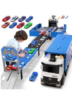 Excefore Carrier Truck Race Track Toddlers Toys, Foldable 3 Layer Car Race Track Playset, Transport Car Carrier & 8 Race Cars, Car Carrier Transforms into Race Tracks Gifts for Ages 2-4 Year Old  - Image 1