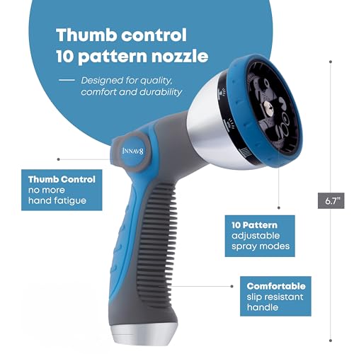 INNAV8 Garden Hose Nozzle Sprayer Heavy Duty - Features 10 Spray Patterns, THUMB CONTROL On Off Valve for Easy Water Control - HIGH Pressure Nozzle for Hose Outdoor - Image 2