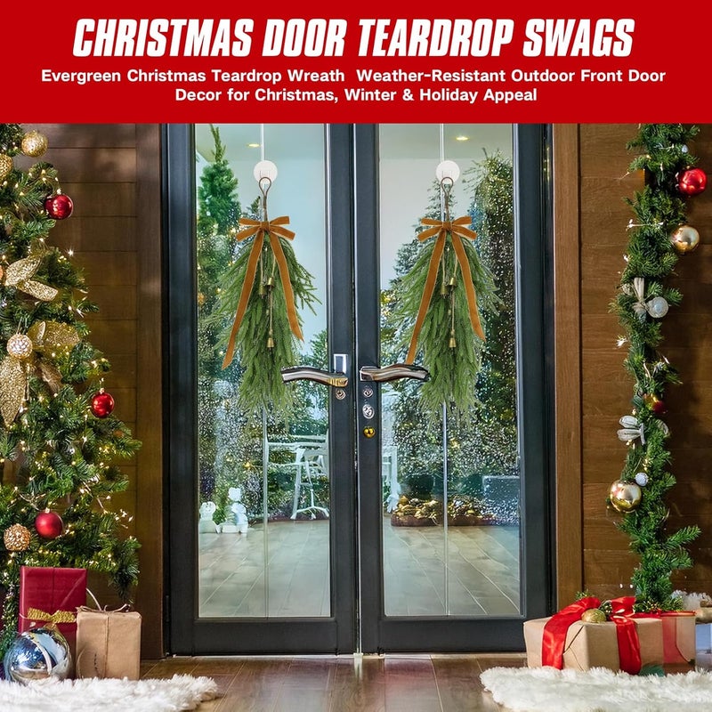 deckit 2 Pcs 27" Christmas Teardrop Swag/Artificial Norfolk Pine Teardrop Wreath .Yellow Velvet Bow & 6 Vintage Brass Bells for Christmas Door swags, Mantle Fireplace, Stairway Window Outdoor Deco - Image 4
