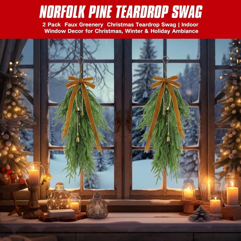 deckit 2 Pcs 27" Christmas Teardrop Swag/Artificial Norfolk Pine Teardrop Wreath .Yellow Velvet Bow & 6 Vintage Brass Bells for Christmas Door swags, Mantle Fireplace, Stairway Window Outdoor Deco - Image 3