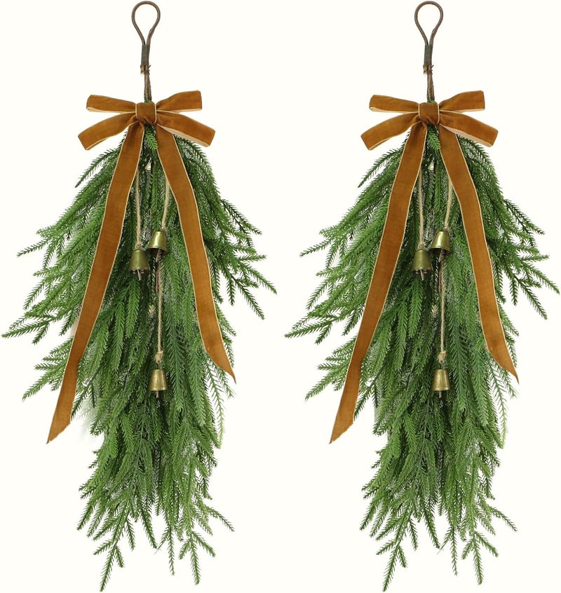 deckit 2 Pcs 27" Christmas Teardrop Swag/Artificial Norfolk Pine Teardrop Wreath .Yellow Velvet Bow & 6 Vintage Brass Bells for Christmas Door swags, Mantle Fireplace, Stairway Window Outdoor Deco - Image 1