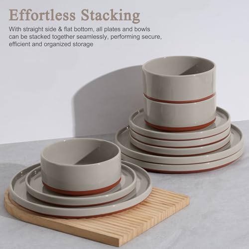 LIANYU Stoneware Dinnerware Sets Service for 4, 12 PCS Plates and Bowls Sets, Handmade Ceramic Dish Set, Highly Chip and Crack Resistant Modern Plate Set, Terra Brown - Image 5
