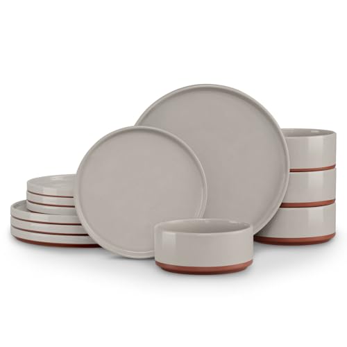 LIANYU Stoneware Dinnerware Sets Service for 4, 12 PCS Plates and Bowls Sets, Handmade Ceramic Dish Set, Highly Chip and Crack Resistant Modern Plate Set, Terra Brown - Image 1