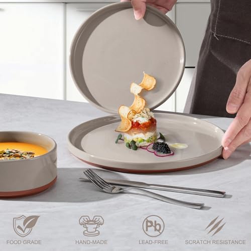 LIANYU Stoneware Dinnerware Sets Service for 4, 12 PCS Plates and Bowls Sets, Handmade Ceramic Dish Set, Highly Chip and Crack Resistant Modern Plate Set, Terra Brown - Image 3