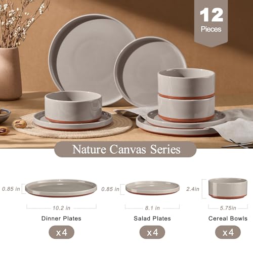 LIANYU Stoneware Dinnerware Sets Service for 4, 12 PCS Plates and Bowls Sets, Handmade Ceramic Dish Set, Highly Chip and Crack Resistant Modern Plate Set, Terra Brown - Image 2