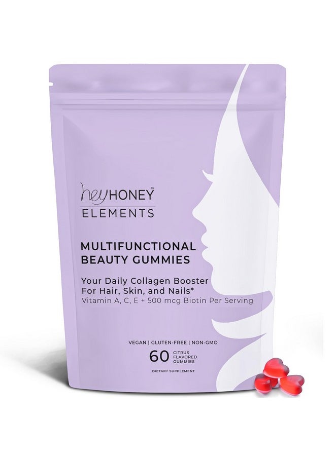 هاي هوني مكمل غذائي نباتي متعدد الوظائف من Hey Honey Skincare لبشرة مشرقة ودعم التجاعيد والشعر والأظافر، خالٍ من الجلوتين وغير معدّل وراثيًا، بنكهة الحمضيات، 60 قطعة 