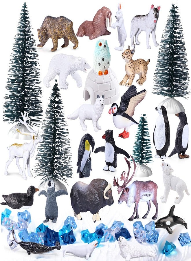 SIENON 60Pcs Arctic Animal Toy Set Includes 23Pcs Mini Polar Animals with Polar Bear, Penguin, Caribou, Puffin, Lynx, 1pc Igloo, 4Pcs Pine Trees, 32Pcs Fake Ice Rocks for School Project Cake Toppers - Image 1