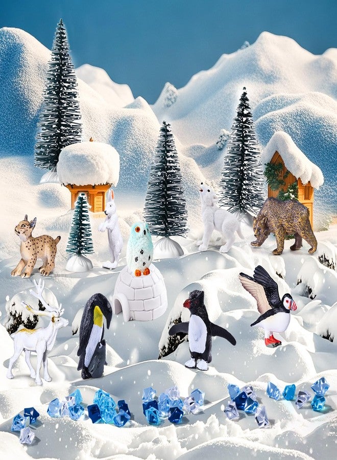 SIENON 60Pcs Arctic Animal Toy Set Includes 23Pcs Mini Polar Animals with Polar Bear, Penguin, Caribou, Puffin, Lynx, 1pc Igloo, 4Pcs Pine Trees, 32Pcs Fake Ice Rocks for School Project Cake Toppers - Image 3