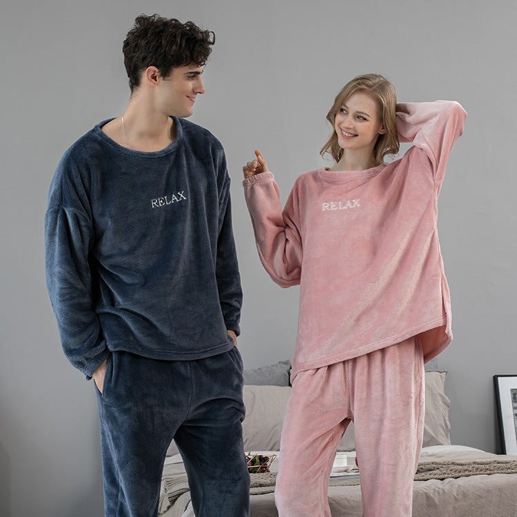 Flannel pajamas women's autumn and winter warm suit coral fleece pajamas plus velvet plus velvet couples home service one generation delivery Smokyblue L（120-140） - Image 2