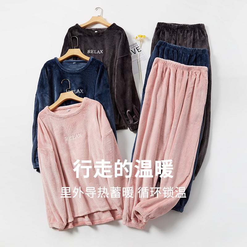 Flannel pajamas women's autumn and winter warm suit coral fleece pajamas plus velvet plus velvet couples home service one generation delivery Smokyblue L（120-140） - Image 4