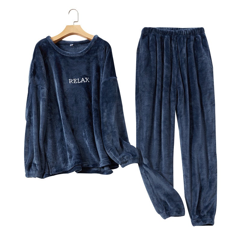 Flannel pajamas women's autumn and winter warm suit coral fleece pajamas plus velvet plus velvet couples home service one generation delivery Smokyblue L（120-140） - Image 5