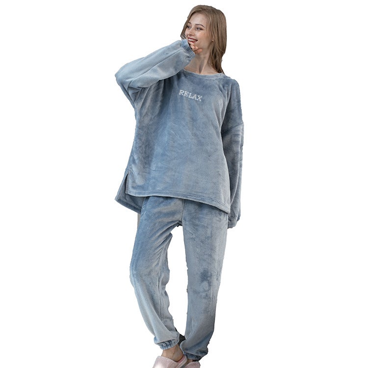 Flannel pajamas women's autumn and winter warm suit coral fleece pajamas plus velvet plus velvet couples home service one generation delivery Smokyblue L（120-140） - Image 1