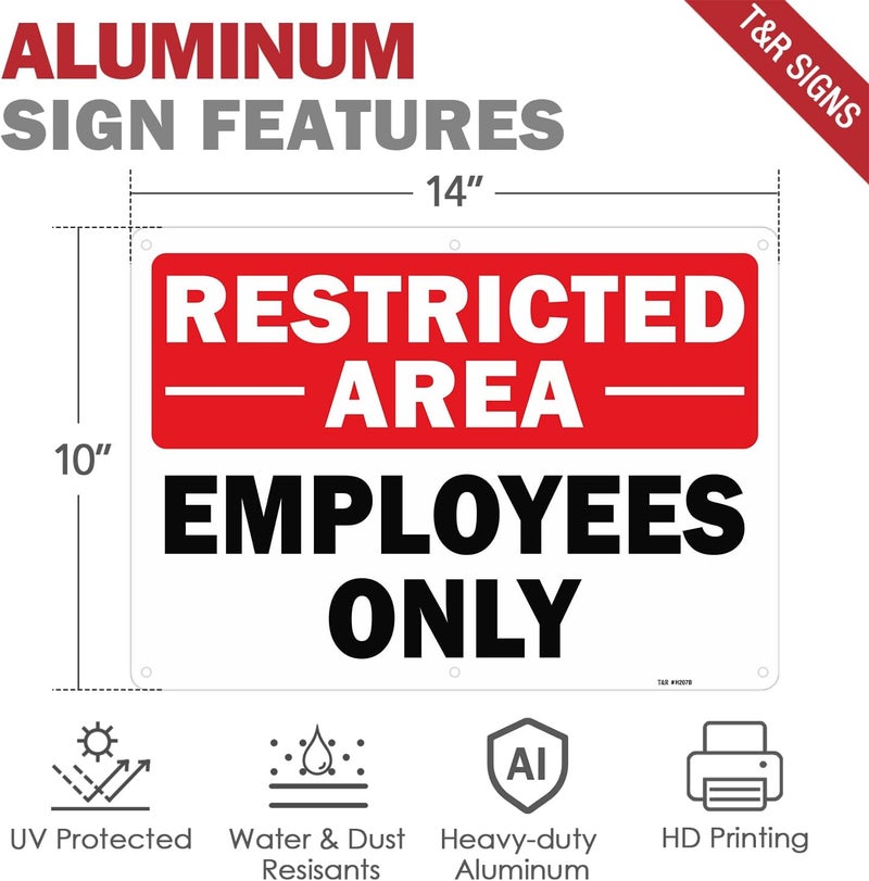 TR Restricted Area Sign Employees Only Sign - 1 Pack - 14 x 10 Inches Rust Free .040 Aluminum - UV Protected, Waterproof, Weatherproof and Fade Resistant - 6 Pre-drilled Holes - Image 2