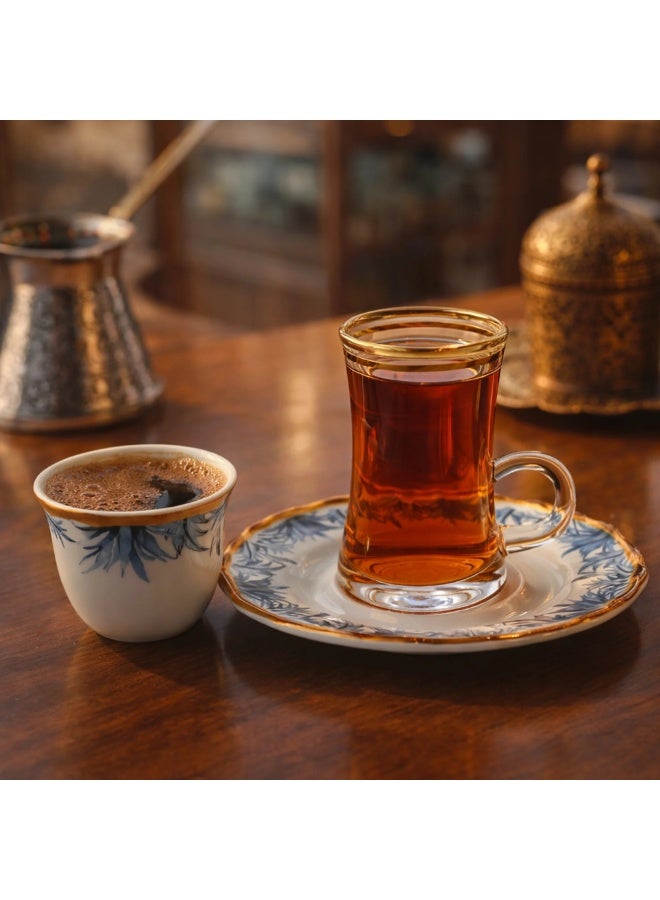 أنجيلا طقم شاي وأكواب أنجيلا RM-446 مع صحون - 18 قطعة - تصميم نخلة زرقاء بحافة ذهبية 100 مل/150 مل - Image 1