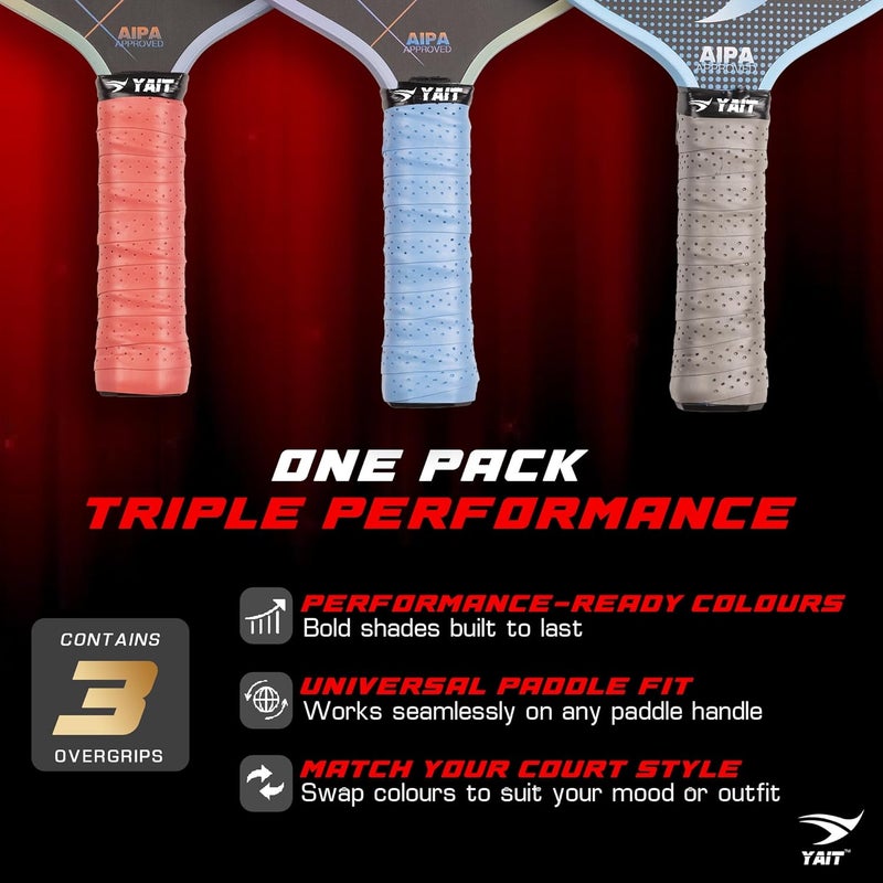 YAIT Sports Universal Overgrips (Pack of 3) | High Tack Design | Breathable Comfort Material | Usable for Pickleball, Badminton, Tennis, Squash and Padel | Red, Blue & Grey Colours - Pack of 3 - Image 4